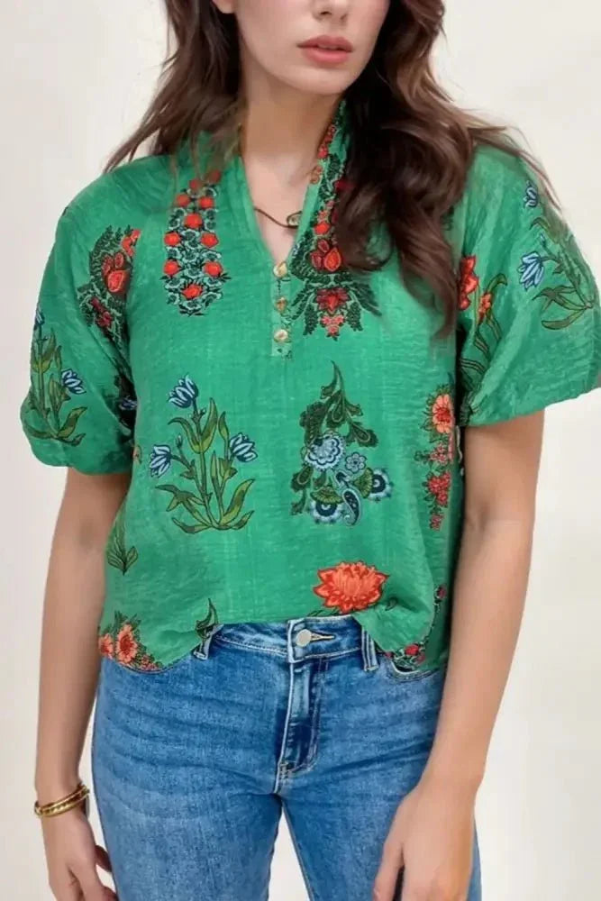 Floral Print Notched Short Sleeve Blouse - Update AvenueBoho VibesTrendsi1001002511919781001002511919788be72e96 - d879 - 4d77 - baae - 8a189ec79499 - Max - OriginDark Green