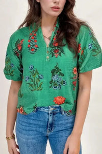 Floral Print Notched Short Sleeve Blouse - Update AvenueBoho VibesTrendsi1001002511919781001002511919788be72e96 - d879 - 4d77 - baae - 8a189ec79499 - Max - OriginDark Green