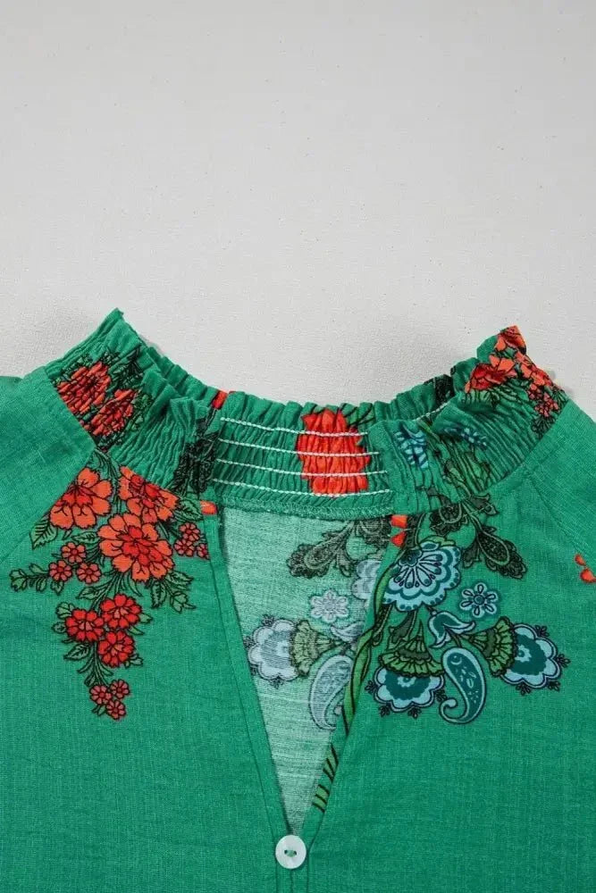Floral Print Notched Short Sleeve Blouse - Update AvenueBoho VibesTrendsi100100251191978100100251191978603722bd - 8958 - 4585 - bac7 - 897a4761c6ef - Max - OriginDark Green