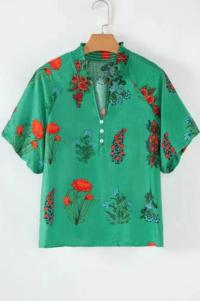 Floral Print Notched Short Sleeve Blouse - Update AvenueBoho VibesTrendsi1001002511919781001002511919789ad209ae - e928 - 4a2e - a66e - fc13b55c51eb - Max - OriginDark Green