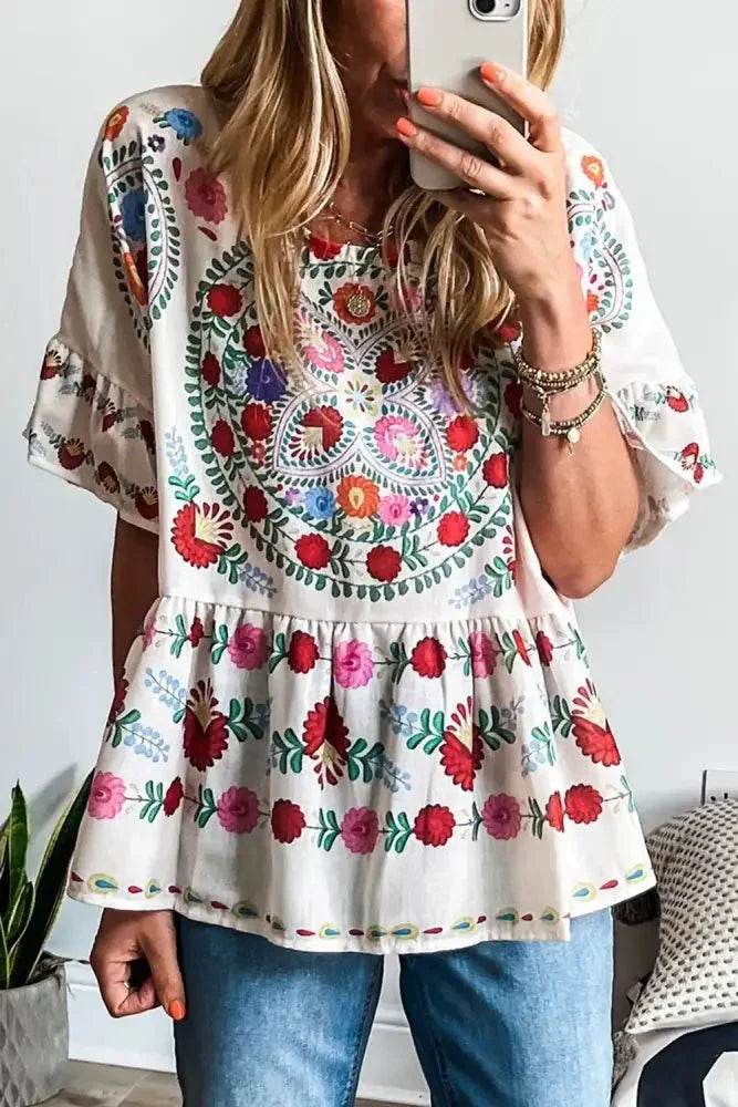 Floral Print Round Neck Ruffle Trim Blouse - Update AvenueFestival VibesTrendsi1001004249433641001004249433645ceb287e - a2dd - 43f5 - 9ea1 - 5c34877c3070 - MaxFloral
