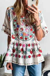 Floral Print Round Neck Ruffle Trim Blouse - Update AvenueFestival VibesTrendsi1001004249433641001004249433645ceb287e - a2dd - 43f5 - 9ea1 - 5c34877c3070 - MaxFloral