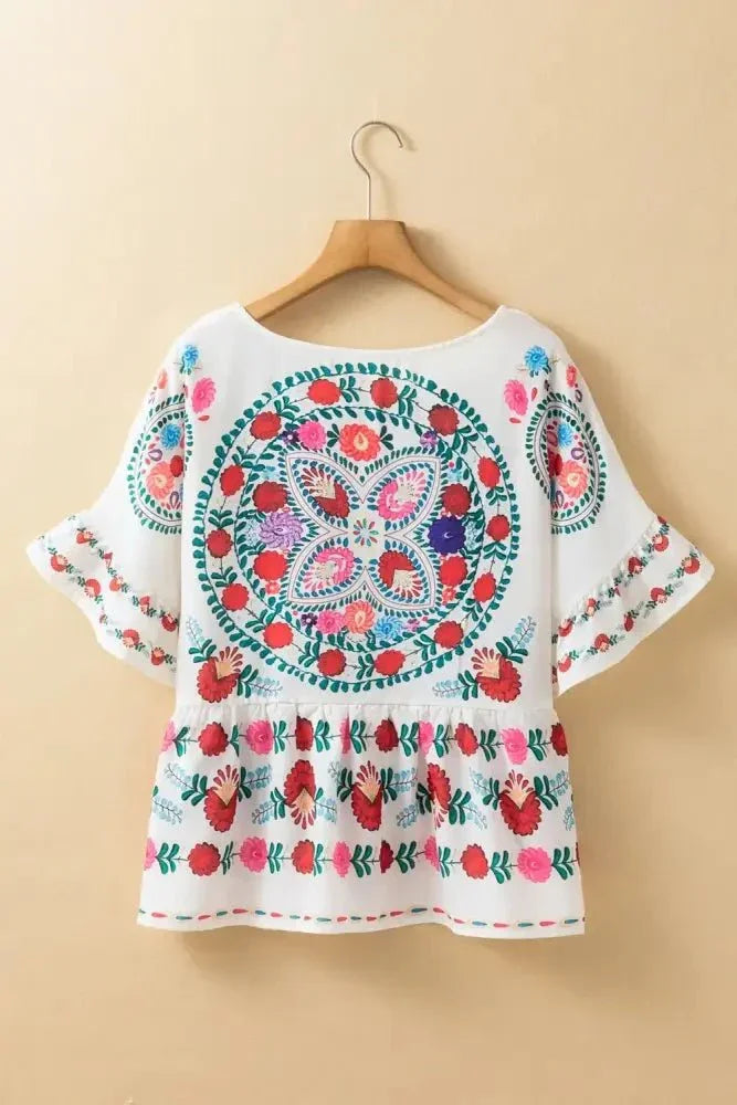 Floral Print Round Neck Ruffle Trim Blouse - Update AvenueFestival VibesTrendsi100100424943364100100424943364f439d703 - 8ce2 - 4410 - ba84 - e15eaeb6bf4b - MaxFloral