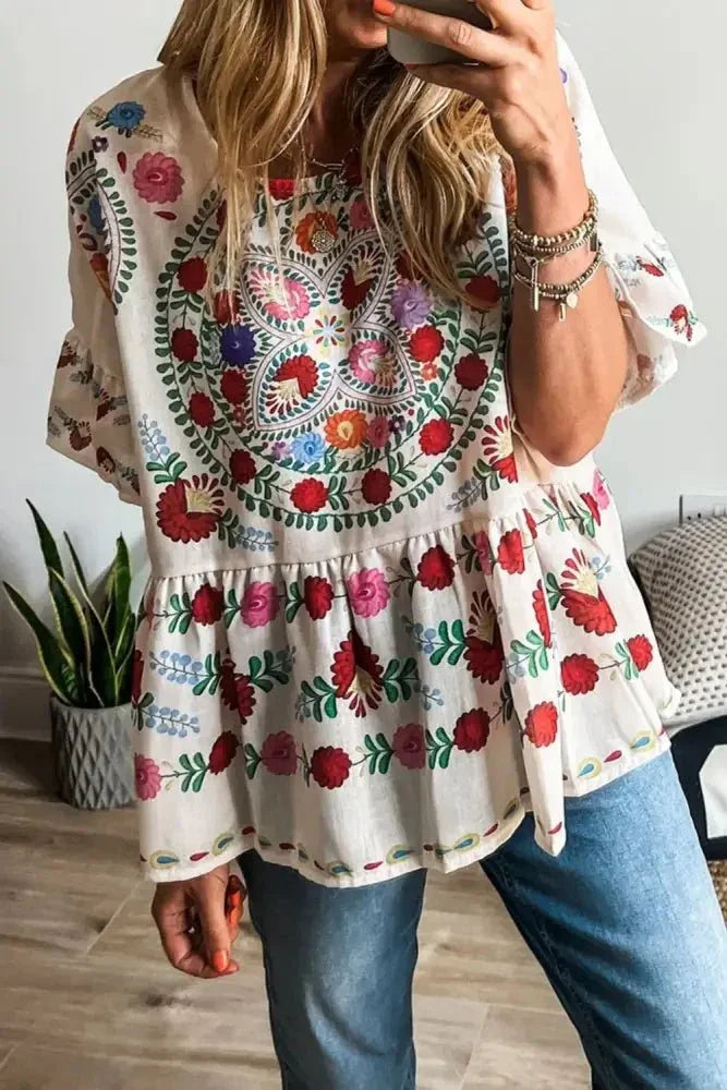 Floral Print Round Neck Ruffle Trim Blouse - Update AvenueFestival VibesTrendsi1001004249433641001004249433647094b9a8 - bc9a - 4d64 - a8a4 - 48c959dc5d3f - MaxFloral
