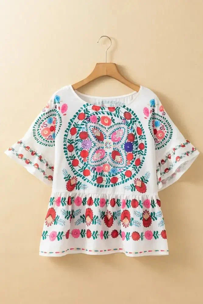 Floral Print Round Neck Ruffle Trim Blouse - Update AvenueFestival VibesTrendsi100100424943364100100424943364c723bd0d - 08e4 - 400e - 8176 - 2ce2102a5595 - MaxFloral