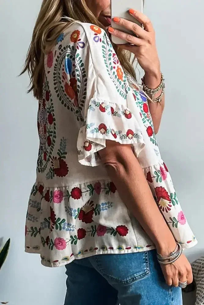 Floral Print Round Neck Ruffle Trim Blouse - Update AvenueFestival VibesTrendsi10010042494336410010042494336478791b87 - 0cce - 445c - be6a - 9b9b598cbc2e - MaxFloral