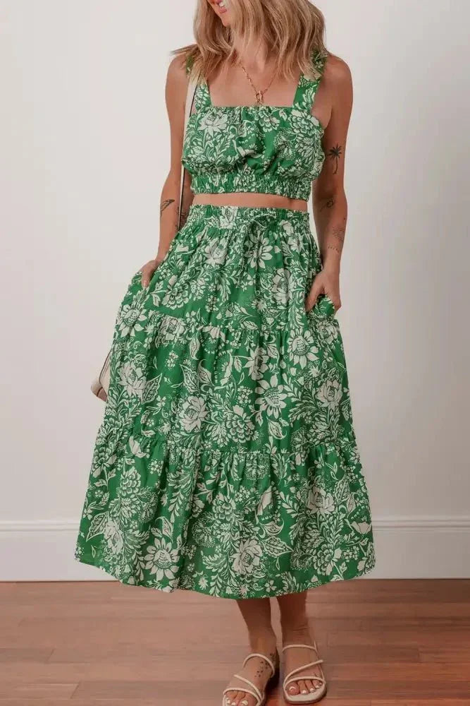 Floral Print Shirred Crop Top and Midi Skirt Set - Update AvenueBoho VibesTrendsi1001005722101041001005722101049bb44ab3 - 1720 - 422c - b691 - 7a9290f312b1 - Max - OriginDark Green