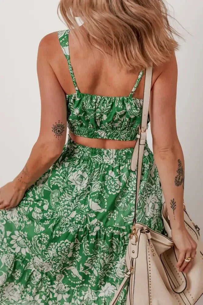 Floral Print Shirred Crop Top and Midi Skirt Set - Update AvenueBoho VibesTrendsi100100572210104100100572210104076629c4 - 72d6 - 4849 - 94f7 - 050b278e3681 - Max - OriginDark Green