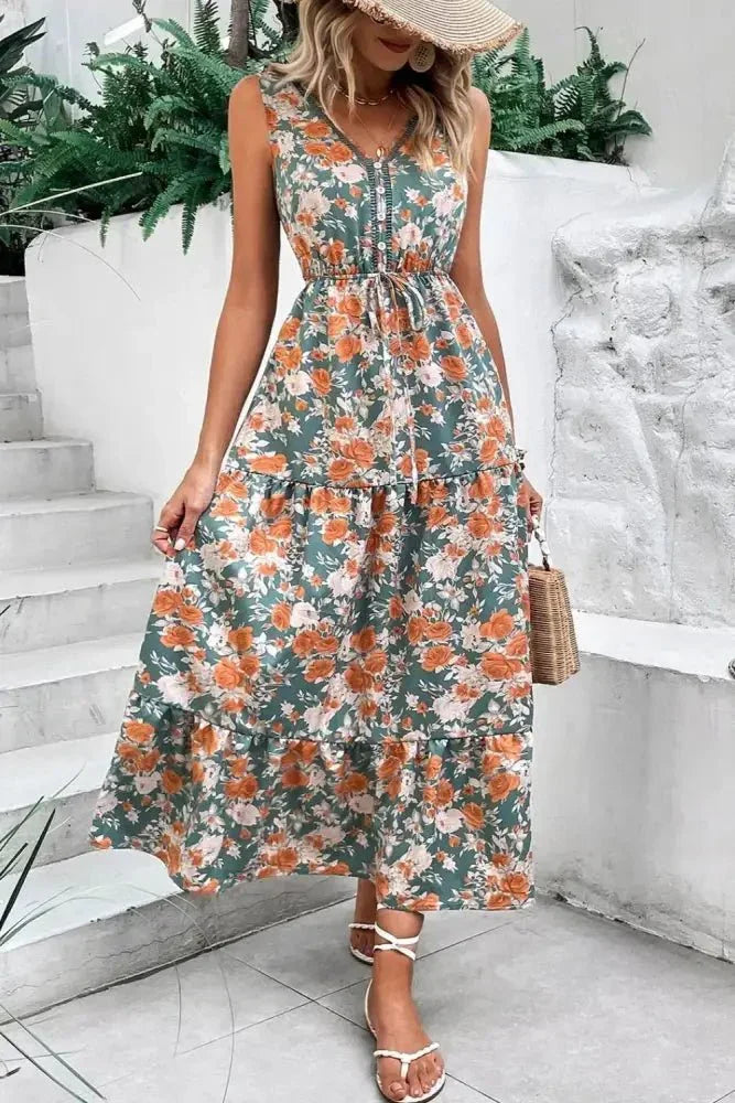 Floral Print Trimmed V Neck Tie Waist Sleeveless Dress - Update AvenueBoho VibesTrendsi1001006346575501001006346575509d52ed37 - 4d7d - 4dfc - 9c66 - 749e4a7c2d96 - Max - OriginFloral