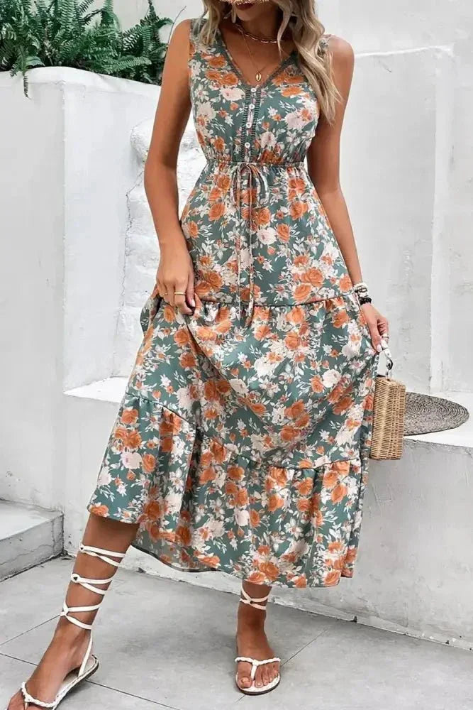 Floral Print Trimmed V Neck Tie Waist Sleeveless Dress - Update AvenueBoho VibesTrendsi100100634657550100100634657550b3461eee - b0e9 - 4c0f - ad13 - 63076c7db824 - Max - OriginFloral