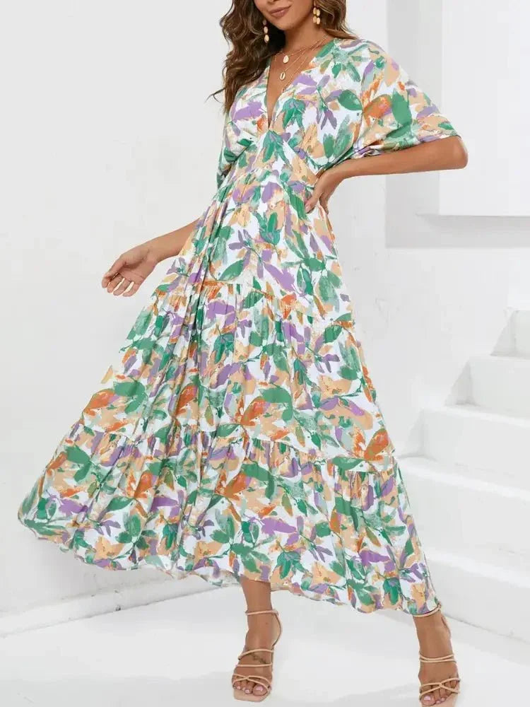 Floral Print V - neck Boho Midi Dress - Update AvenueTrendsi100100570978163100100570978163ee842023 - 816f - 4b81 - 9c6b - b6f422923fe6 - Max - OriginGum Leaf