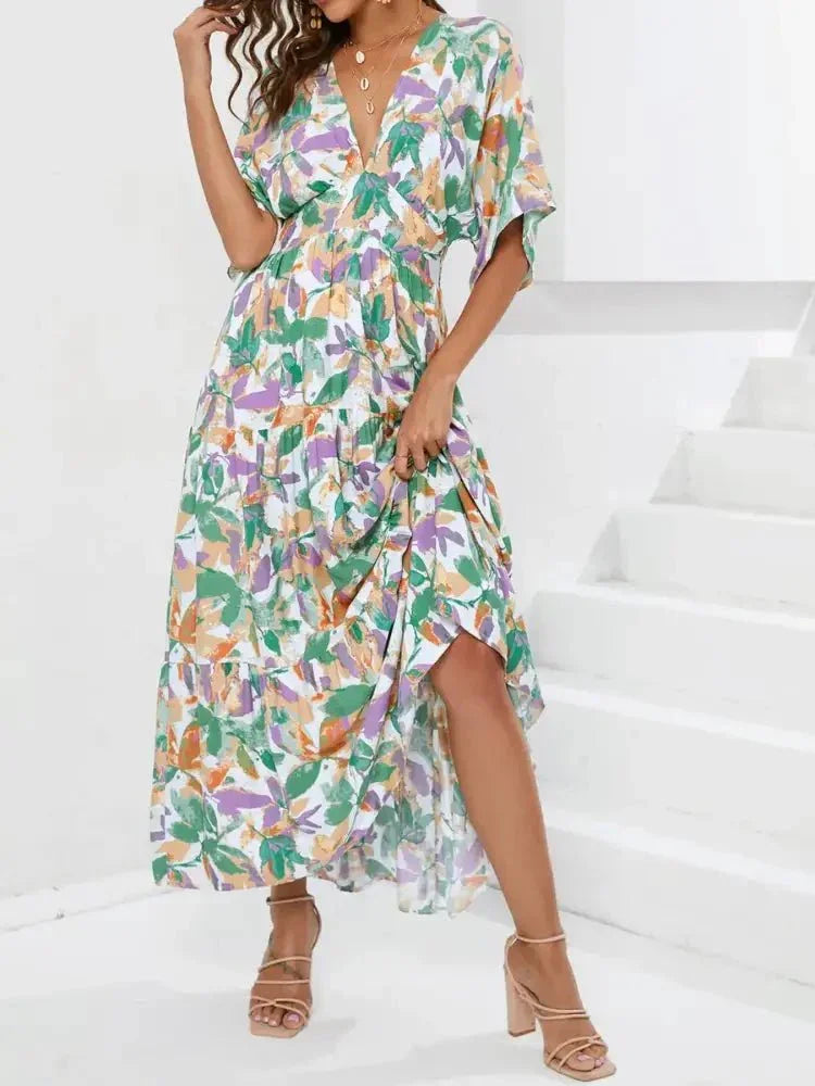 Floral Print V - neck Boho Midi Dress - Update AvenueTrendsi1001005709781631001005709781635ebab79c - 8bdd - 42d5 - 8d74 - 0283351e17f8 - Max - OriginGum Leaf