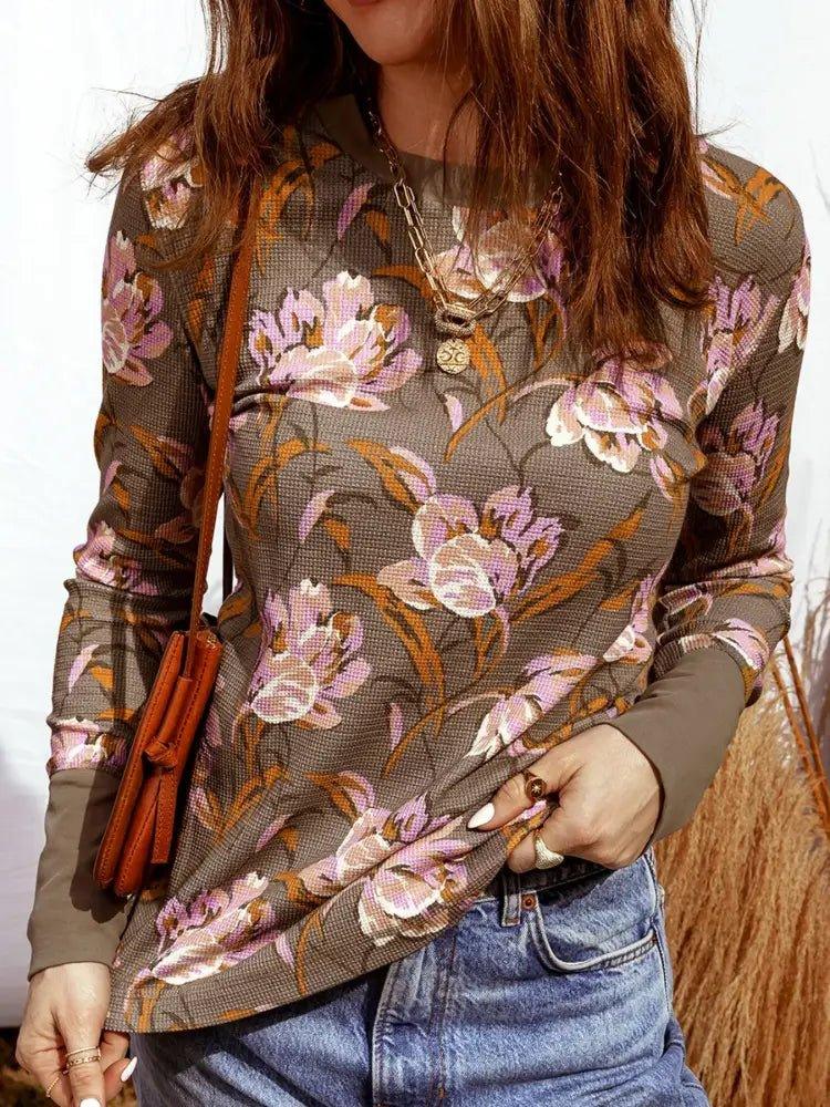 Floral Print Waffle Textured Long Sleeve Top - Update AvenueT-ShirtsTrendsi1001004960116291001004960116291025522c7fbb4c2cb33501f5e64c1921 - Max - OriginBrown