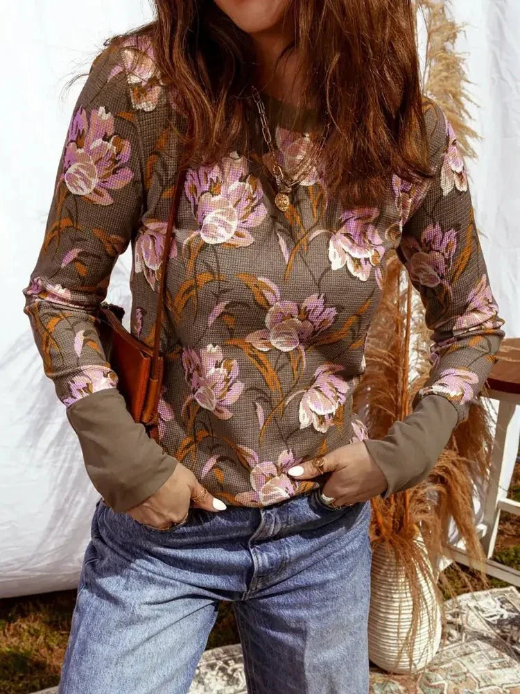 Floral Print Waffle Textured Long Sleeve Top - Update AvenueT-ShirtsTrendsi100100496011629100100496011629aece756ee59143e09eb6c0b32a7df58f - Max - OriginBrown