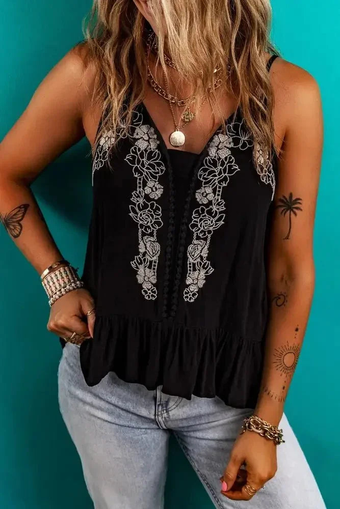 Floral Ruffled Hem Embroidery Cami - Update AvenueBoho VibesTrendsi100100867463190100100867463190ed600948 - 1f5c - 4577 - aa27 - 5e2b11653db9 - Max - OriginBlack