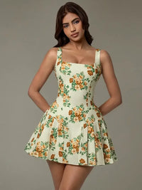 Floral Sleeveless Mini Pleated Dress