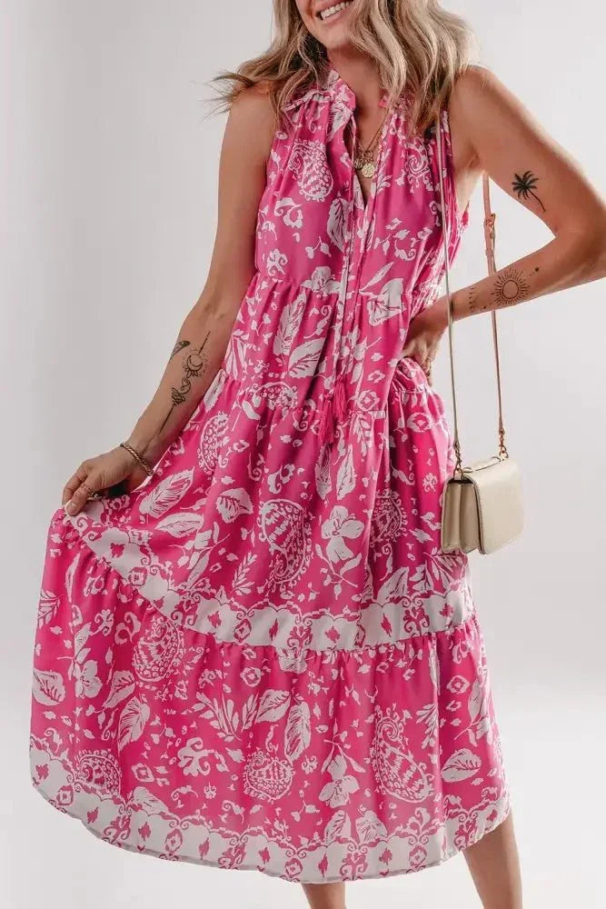 Floral Sleeveless Tasseled Tie Neck Tiered Midi Dress - Update AvenueBoho VibesTrendsi100100894395835100100894395835d8ff0329 - 0877 - 4135 - 81ed - 4141917b309d - MaxHot Pink