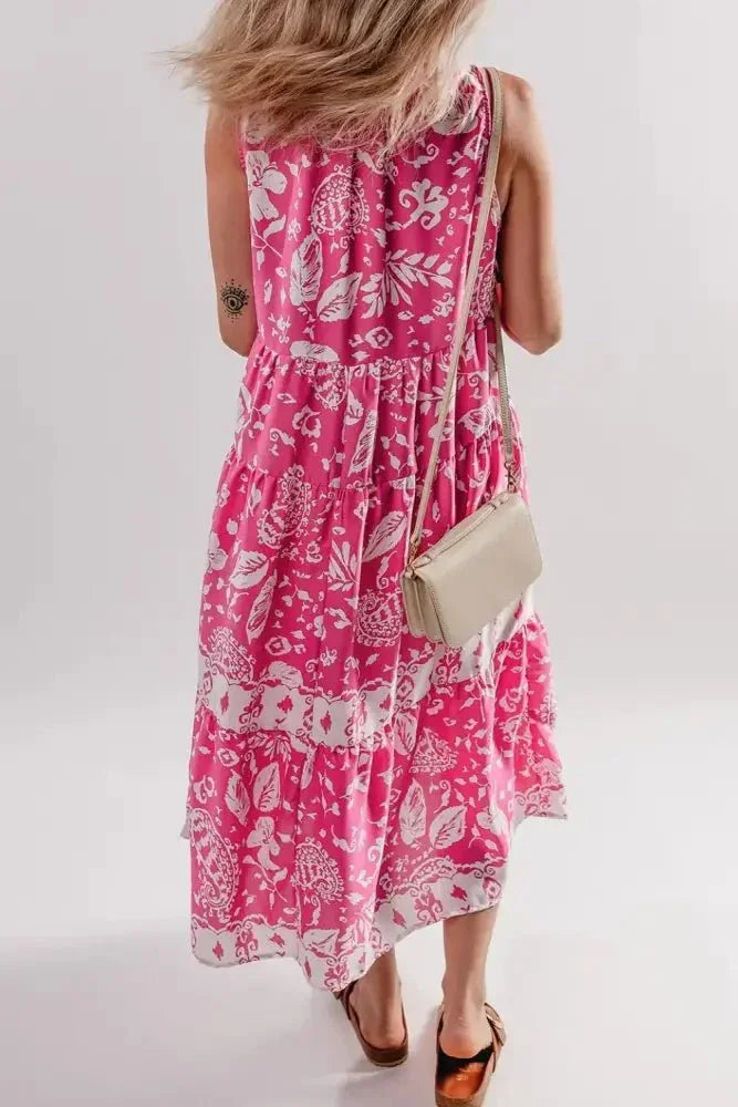 Floral Sleeveless Tasseled Tie Neck Tiered Midi Dress - Update AvenueBoho VibesTrendsi100100894395835100100894395835fea6bb97 - 4ab9 - 4a1a - a875 - e50df3daec52 - MaxHot Pink