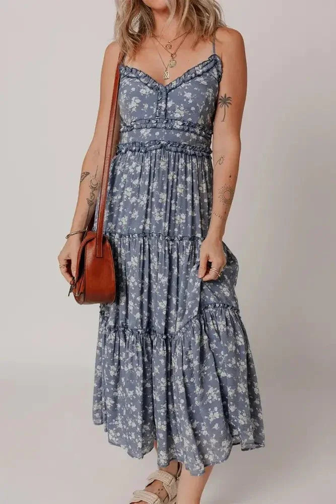 Floral Spaghetti Strap Frilled V Neck Tiered Midi Dress - Update AvenueBoho VibesTrendsi100100205830345100100205830345dbbead85 - 3309 - 418f - 8305 - dc7161196d79 - MaxDusty Blue