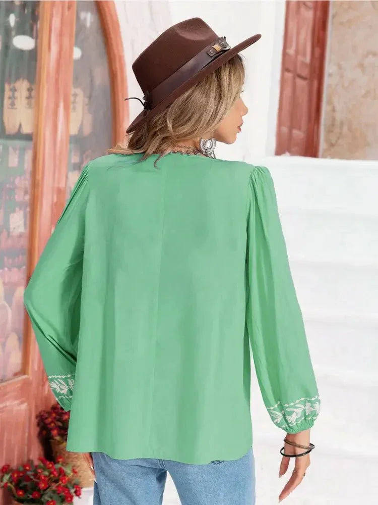 Floral Tie Neck Balloon Sleeve Blouse - Update AvenueTrendsi1001013281211201001013281211202882f90602fd400cb5c196acf44e59a0 - MaxGum Leaf