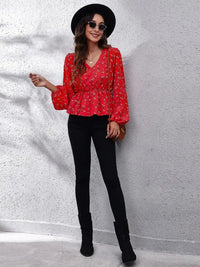 Floral V - Neck Balloon Sleeve Peplum Blouse - Update AvenueTrendsi100101376676482100101376676482f94a1b397bee4d00b1f58d7da8685118 - MaxDeep Red