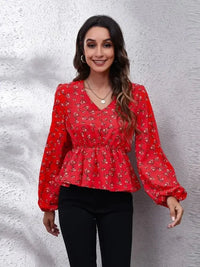 Floral V - Neck Balloon Sleeve Peplum Blouse - Update AvenueTrendsi100101376676482100101376676482b34c5082441f43d49885309b702f907b - MaxDeep Red