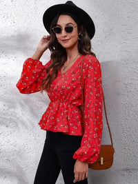 Floral V - Neck Balloon Sleeve Peplum Blouse - Update AvenueTrendsi1001013766764821001013766764822c265b536d914030b672f2c0db094984 - MaxDeep Red