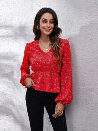 Floral V - Neck Balloon Sleeve Peplum Blouse - Update AvenueTrendsi10010137667648210010137667648218ba4a0af8ad42b4a500b341157e7450 - MaxDeep Red