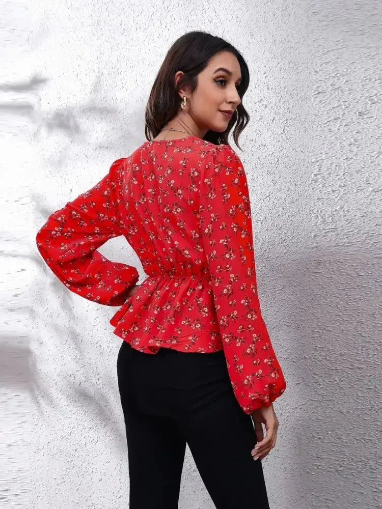 Floral V - Neck Balloon Sleeve Peplum Blouse - Update AvenueTrendsi10010137667648210010137667648296bd6ac504264d52ab27d367d07c5389 - MaxDeep Red