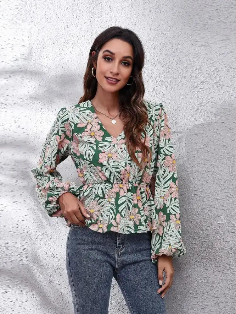 Floral V - Neck Balloon Sleeve Peplum Blouse - Update AvenueTrendsi10010157432896810010157432896888ec1b56392c46cdbf90f1e4bde989f4 - MaxGreen