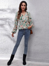 Floral V - Neck Balloon Sleeve Peplum Blouse - Update AvenueTrendsi1001015743289681001015743289686e416091ba5c43ae862ab2eada841048 - MaxGreen