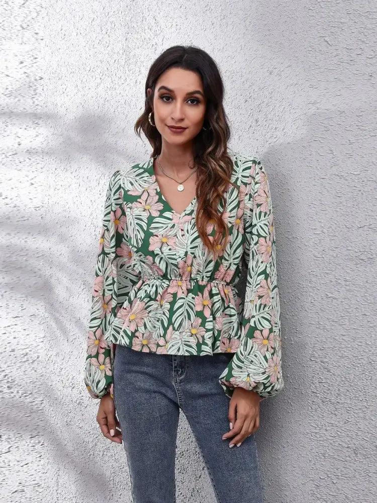 Floral V - Neck Balloon Sleeve Peplum Blouse - Update AvenueTrendsi100101574328968100101574328968dc67f74b63204dcd8aedc2eed317f491 - MaxGreen