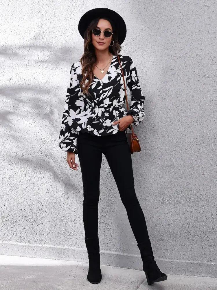 Floral V - Neck Balloon Sleeve Peplum Blouse - Update AvenueTrendsi1001018053782761001018053782763c93f7476d3540ca96e7407b0309cb05 - MaxBlack