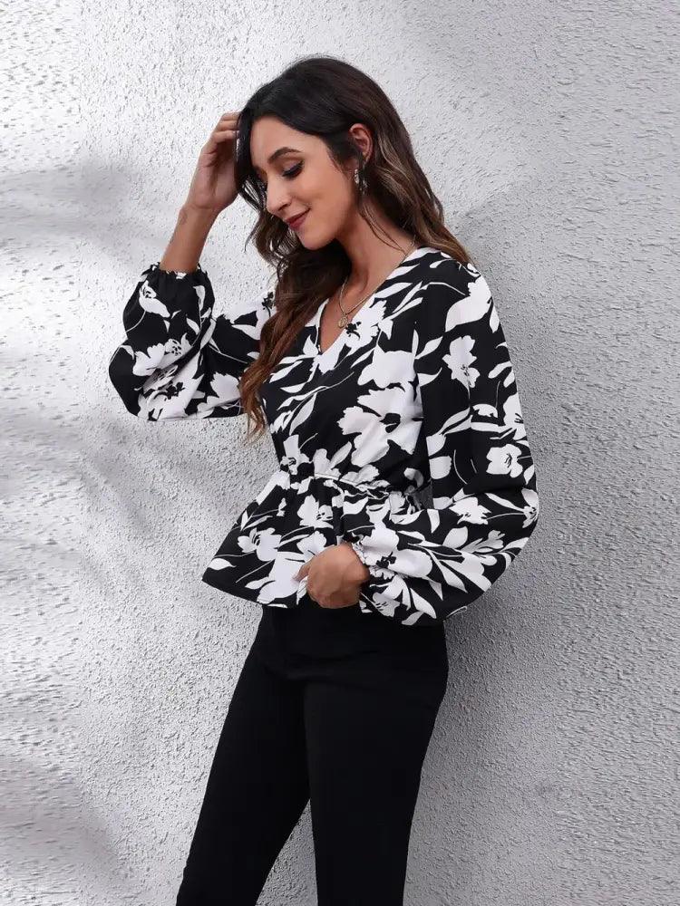 Floral V - Neck Balloon Sleeve Peplum Blouse - Update AvenueTrendsi1001018053782761001018053782762318c3d9a45d4c4486cb370661c6c0b7 - MaxBlack