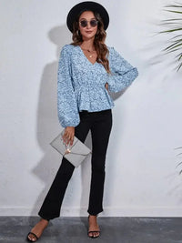 Floral V - Neck Balloon Sleeve Peplum Blouse - Update AvenueTrendsi10010196049342510010196049342513e7ab44cf964d6eb4c5a06b8a61383d - MaxMisty Blue