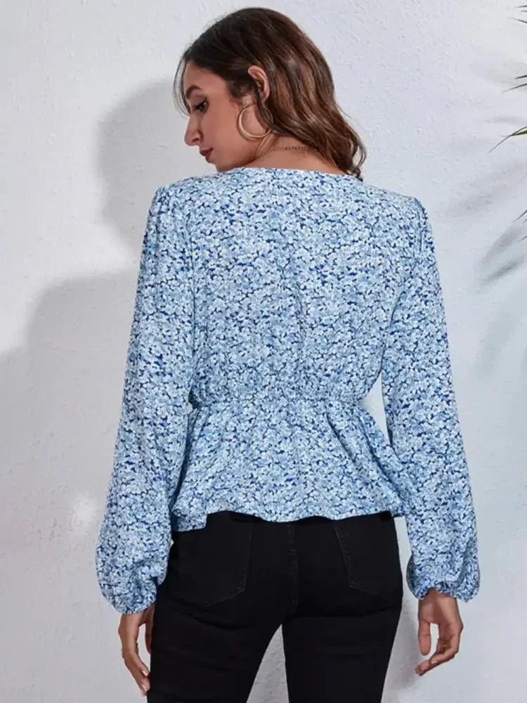 Floral V - Neck Balloon Sleeve Peplum Blouse - Update AvenueTrendsi100101960493425100101960493425e692b4f5aa1942a28666b75cd3fc642d - MaxMisty Blue