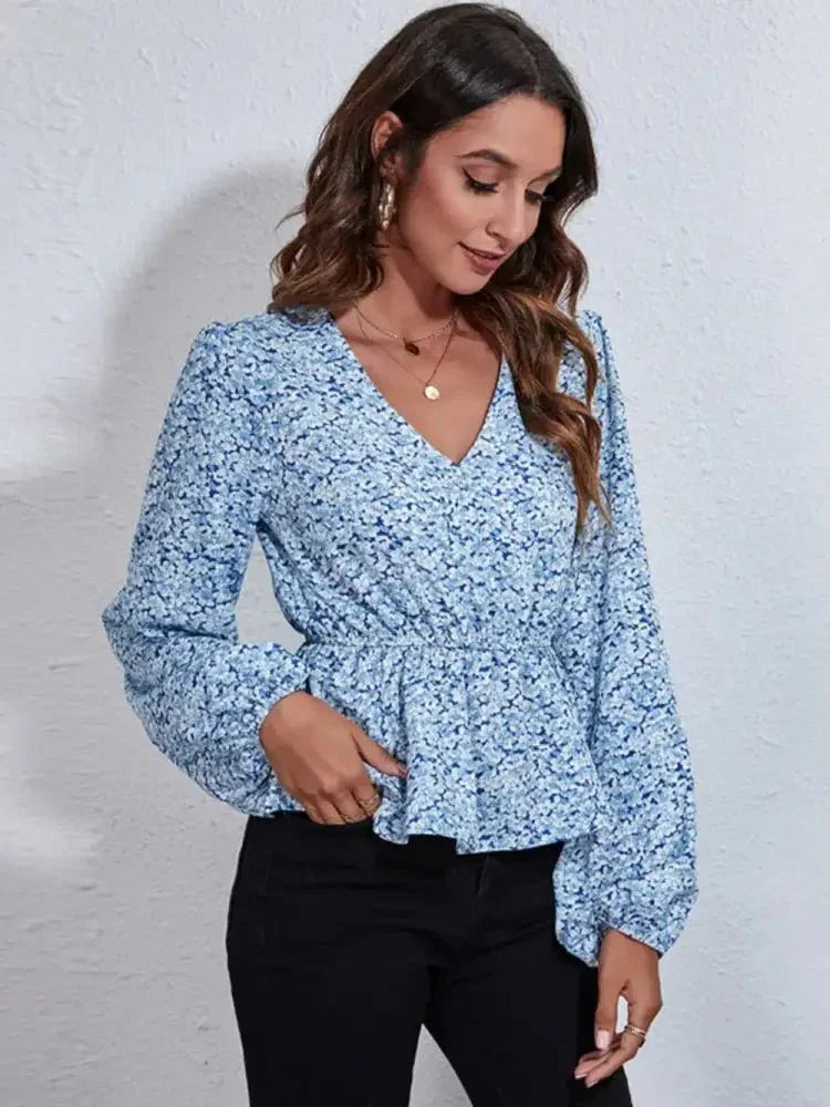 Floral V - Neck Balloon Sleeve Peplum Blouse - Update AvenueTrendsi100101960493425100101960493425c03ed48574ad4df2aea85a7523c2cd47 - MaxMisty Blue