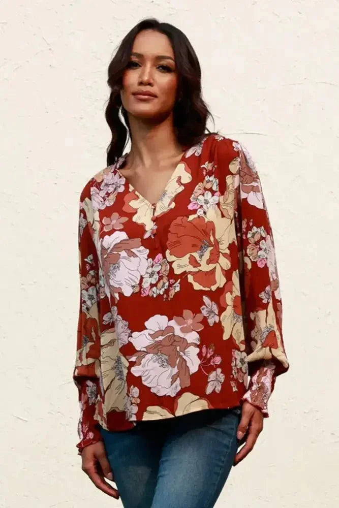Floral V - Neck Smocked Lantern Sleeve Blouse - Update AvenueTrendsi100101409218709100101409218709b96acf647af74a7586eae30cc5d8aa9b - MaxBrown