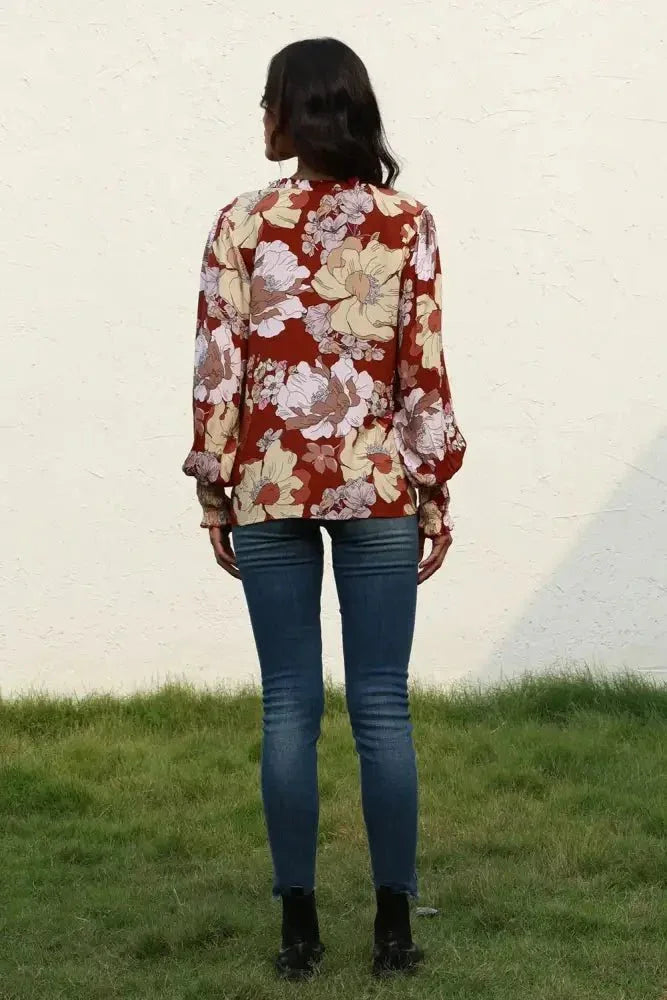 Floral V - Neck Smocked Lantern Sleeve Blouse - Update AvenueTrendsi100101409218709100101409218709c61f6426e34d44a984e4c7e835fe1bfb - MaxBrown
