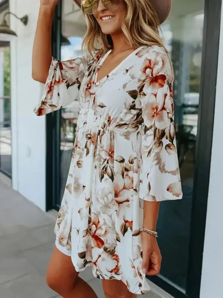 Floral V - Neck Three - Quarter Sleeve Mini Dress - Update AvenueVacation StyleTrendsi100100749131202100100749131202a840b57d - fdba - 4789 - 9042 - bcce9adba5b6 - MaxFloral