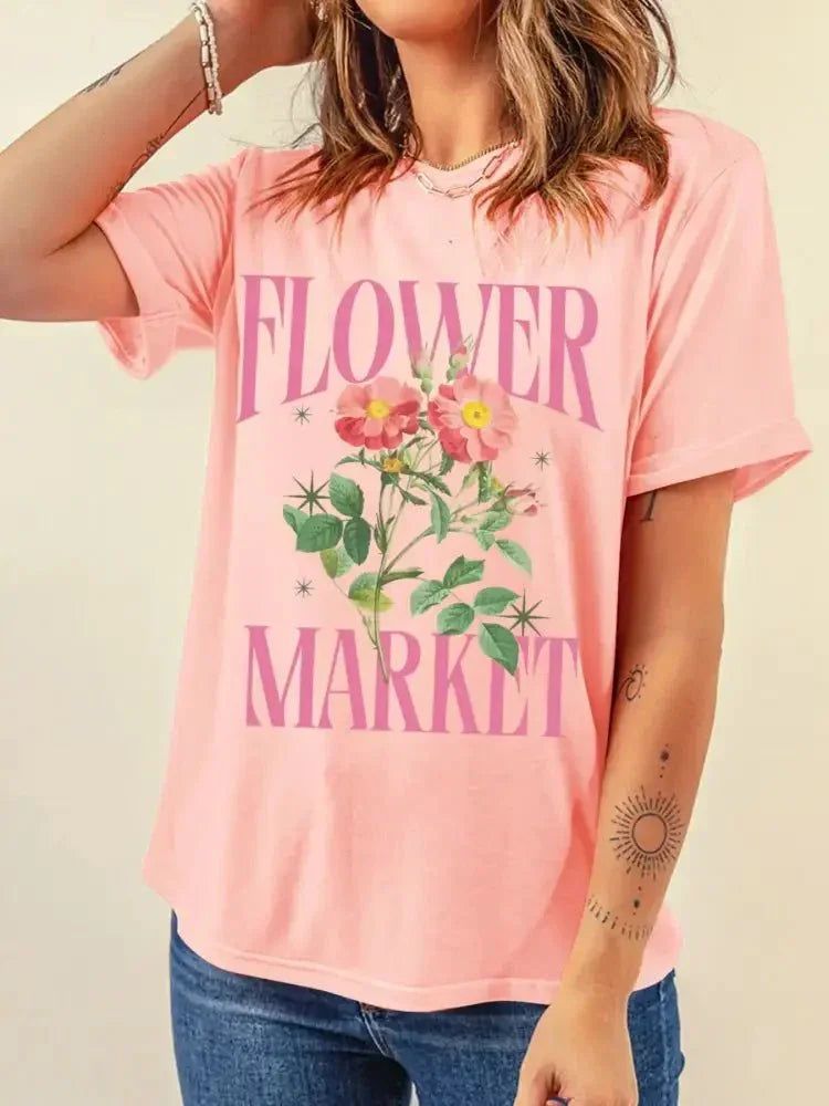 FLOWER MARKET Graphic Crewneck T Shirt - Update AvenueT-ShirtsTrendsi1001009200334971001009200334975acd303884b1418c8b2686b336b36a2b - Max - OriginWatermelon pink