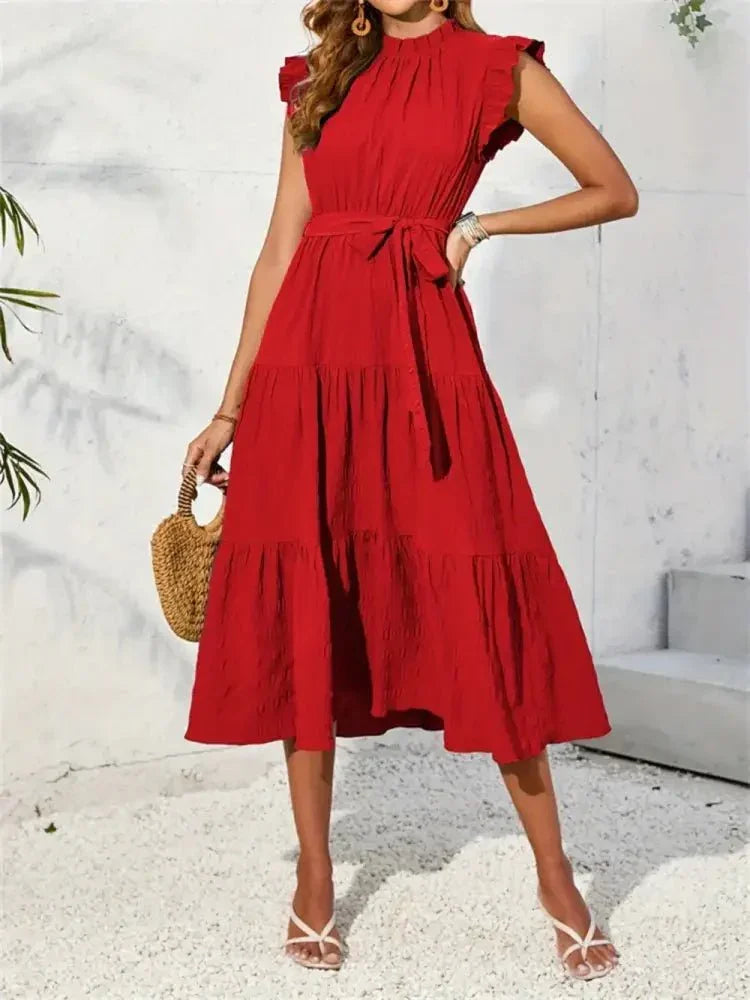 Frill Mock Neck Ruffled Cap Sleeve Midi Dress - Update AvenueVacation StyleTrendsi100100094023754100100094023754c17bfe32 - 0946 - 45fc - bdcc - b544c4072984 - MaxDeep Red