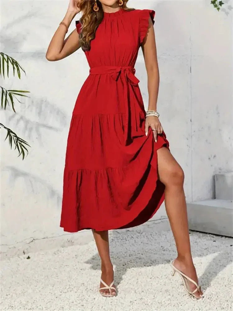 Frill Mock Neck Ruffled Cap Sleeve Midi Dress - Update AvenueVacation StyleTrendsi1001000940237541001000940237547866348d - 4c2a - 497a - 93cc - 8312fd686b6f - MaxDeep Red