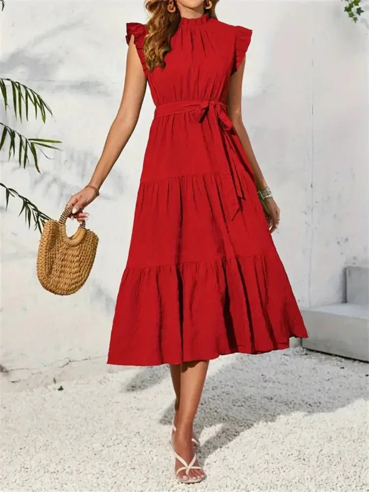 Frill Mock Neck Ruffled Cap Sleeve Midi Dress - Update AvenueVacation StyleTrendsi100100094023754100100094023754817eaf7b - 855e - 4d4a - 9c41 - 07f39f95e738 - MaxDeep Red