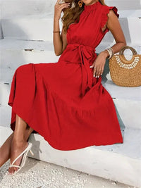 Frill Mock Neck Ruffled Cap Sleeve Midi Dress - Update AvenueVacation StyleTrendsi10010009402375410010009402375462260492 - a64d - 4615 - b9e6 - ea9c997093de - MaxDeep Red