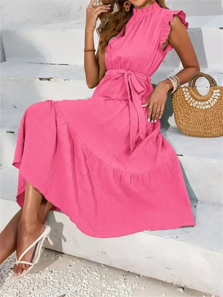 Frill Mock Neck Ruffled Cap Sleeve Midi Dress - Update AvenueVacation StyleTrendsi100100094028793100100094028793776bf70d - 5fee - 4e5f - 9736 - 61237a244c6b - MaxHot Pink