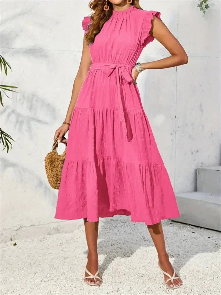 Frill Mock Neck Ruffled Cap Sleeve Midi Dress - Update AvenueVacation StyleTrendsi100100094028793100100094028793e9eecdfe - 2ce8 - 4359 - aafc - 1e6c6f3448d1 - MaxHot Pink