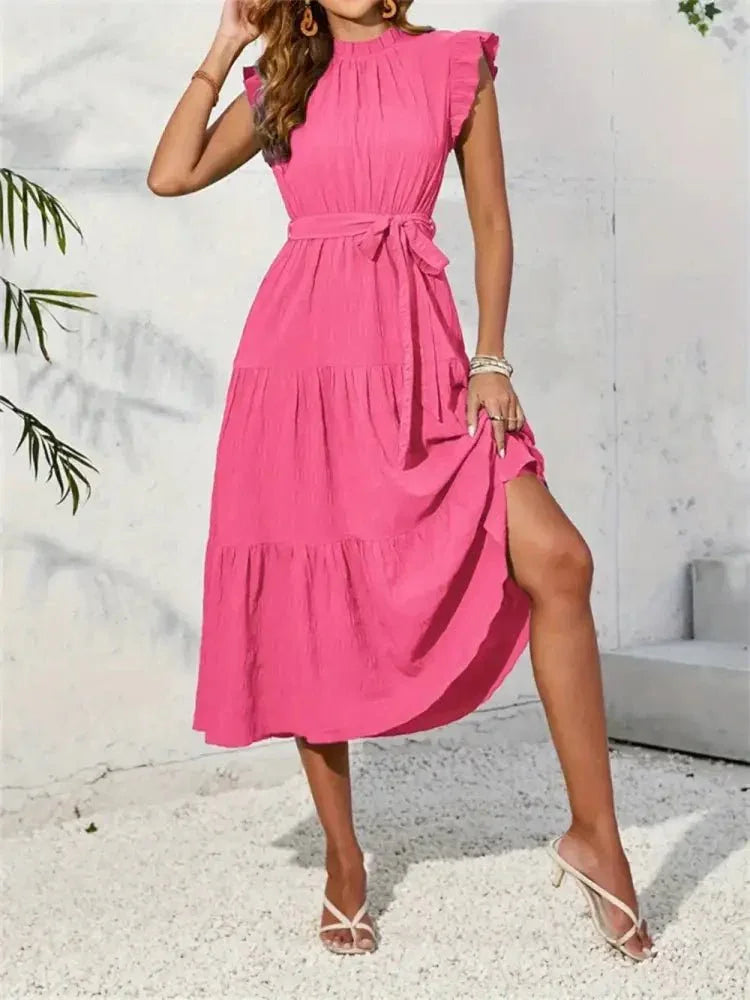 Frill Mock Neck Ruffled Cap Sleeve Midi Dress - Update AvenueVacation StyleTrendsi100100094028793100100094028793bb544f46 - 12e1 - 49bc - 87aa - 414099ceb2cf - MaxHot Pink