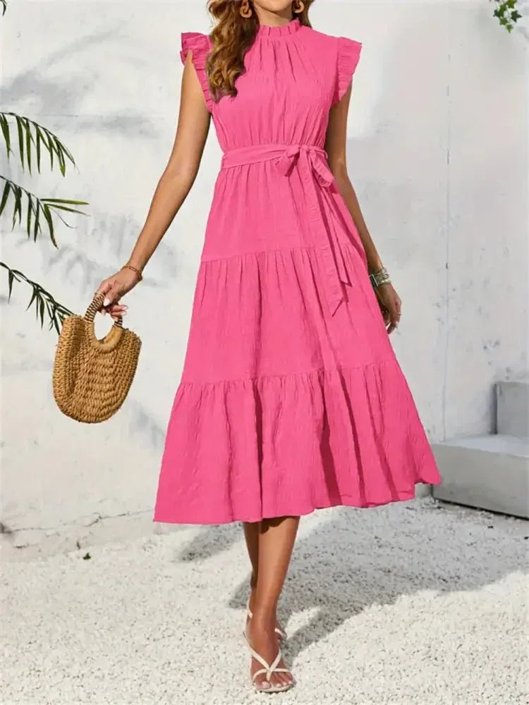 Frill Mock Neck Ruffled Cap Sleeve Midi Dress - Update AvenueVacation StyleTrendsi10010009402879310010009402879338e6bae9 - 3eb4 - 4203 - 8437 - 45de5eabe058 - MaxHot Pink