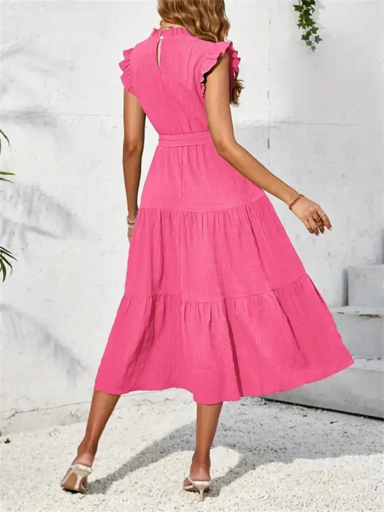 Frill Mock Neck Ruffled Cap Sleeve Midi Dress - Update AvenueVacation StyleTrendsi1001000940287931001000940287930a5a0b75 - 8b41 - 4311 - 9b7d - d4a070ce4989 - MaxHot Pink